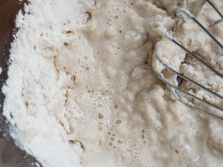 Plakat mixture of yeast, water, and wheat flour for bread making