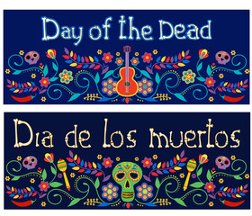 Day of the dead. Dia de los muertos, banners with colorful Mexican flowers. Fiesta, holiday posters, party flyers, fun postcards. Vector illustration