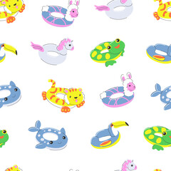 inflatable rubber swimming ring seamless pattern. 
summer water beach toy. circle in form of a frog, unicorn, alpaca, llama, tiger, toucan and whale. stock vector illustration in cartoon flat style.