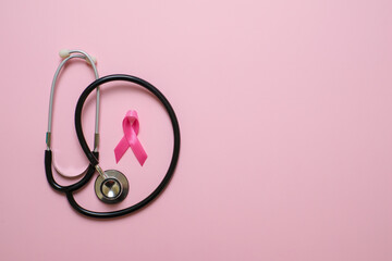 Obraz na płótnie Canvas Breast cancer awareness flatlay concept