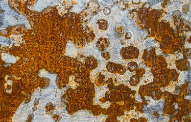 Rusty pattern patches white zinc red rust stains damage rotting. Corrosive material eating iron steel. Oxidized.