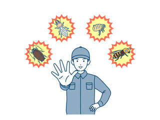 害虫駆除業者の男性　害虫から守る　撃退　退治　イラスト素材