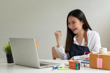Startup small business entrepreneur SME, young asian woman working with laptop computer and delivery packaging box, online market packing, SME e-commerce seller concept.