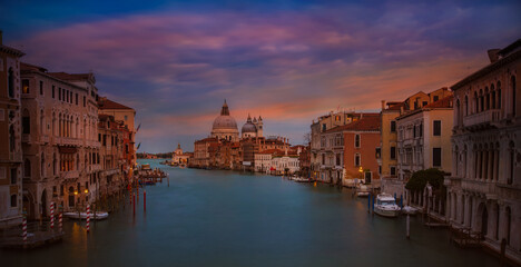 Sunset sky scene at  Grand Canal and Basilica Santa Maria della Salute in Venice,Italy