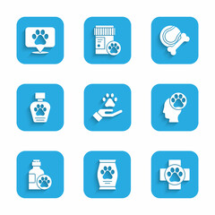 Set Hands with animals footprint, Bag of food, Veterinary clinic, Human, Pet shampoo, toys bone rubber ball and Location veterinary icon. Vector
