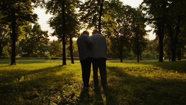A loving grandson leads by the hand of his old grandfather.