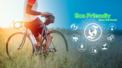 Eco Friendly concept, Green energy, carbon dioxide reduction and pollution reduction. Car free day concept to save the world and Save the earth. A man ride bicycle in midst of nature.