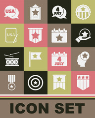Set Shield with stars, USA Head, Independence day, American flag, on graphic tablet, label and Calendar date July 4 icon. Vector