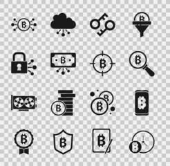 Set Bitcoin with clock, Mining bitcoin from mobile, Magnifying glass, Cryptocurrency key, circuit, Lock, and the target icon. Vector