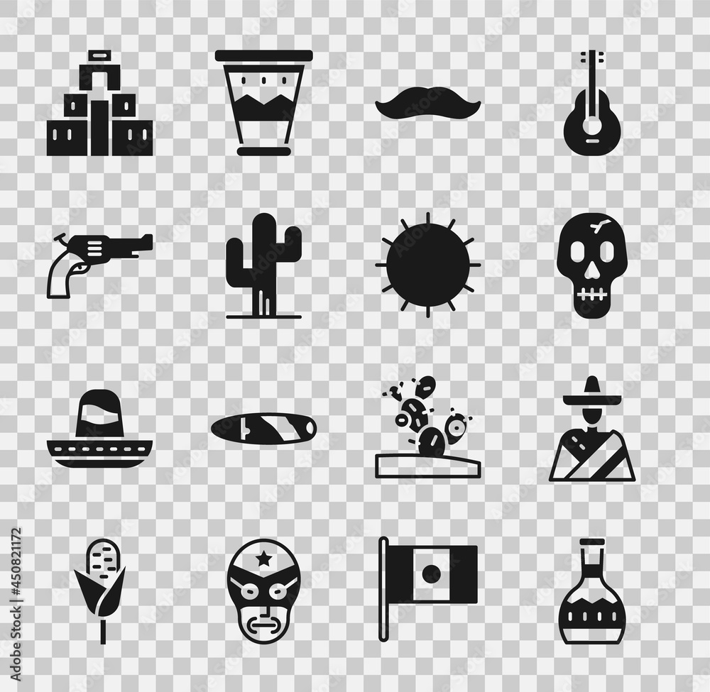 Sticker set tequila bottle, mexican man sombrero, skull, mustache, cactus, revolver gun, chichen itza in may