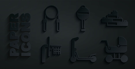 Obraz premium Set Scooter, Toy building block bricks, Basketball backboard, Baby stroller, Rattle baby toy and Jump rope icon. Vector