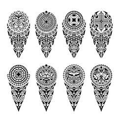 Set of tattoo sketch maori style for leg or shoulder. With turtle, sun face, mask, swastika.
 - obrazy, fototapety, plakaty