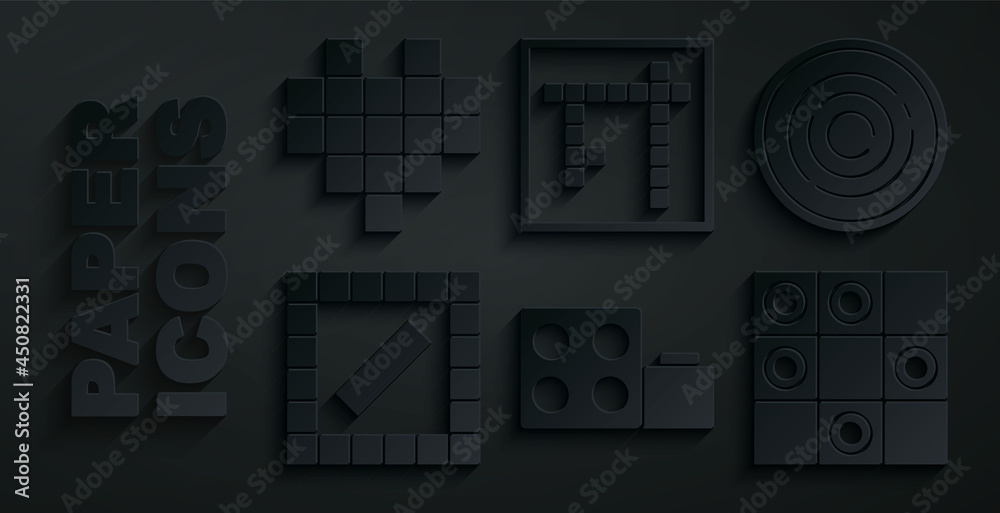 Sticker Set Toy building block bricks, Checker game chips, Board, of checkers, Bingo and Pixel hearts for icon. Vector