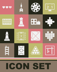 Set Bingo, Pixel hearts for game, Puzzle pieces toy, Twister, Chess, Board, Hearts and Toy building block bricks icon. Vector
