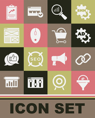 Set Lead management, Chain link, Advertising, Magnifying glass and analysis, Computer mouse, Browser window, Clipboard with graph chart and Shopping cart dollar icon. Vector
