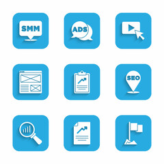 Set Clipboard with graph chart, Document, Location marker, SEO optimization, Magnifying glass and analysis, Browser window, Advertising and Social media marketing icon. Vector