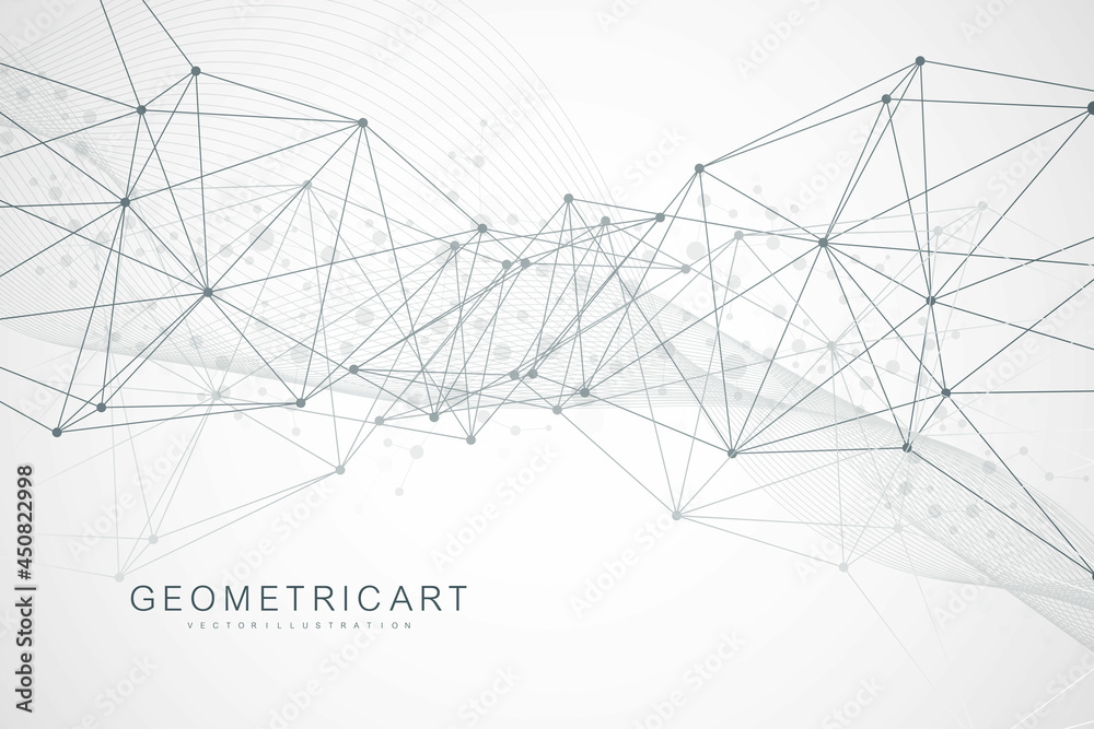 Poster geometric abstract background with connected line and dots. structure molecule and communication. bi