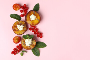 Concept of delicious food with grilled peach on pink background