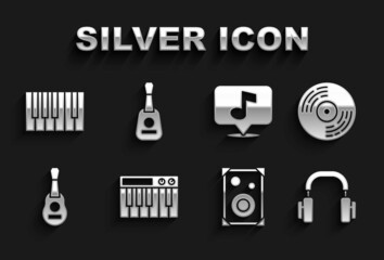 Set Music synthesizer, Vinyl disk, Headphones, Stereo speaker, Guitar, Musical note, Grand piano and icon. Vector
