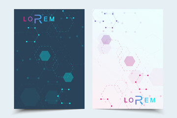 Vector templates for brochure magazine leaflet flyer cover booklet annual report. Modern futuristic hexagonal pattern with particle, molecule structure for medical, technology, chemistry, science