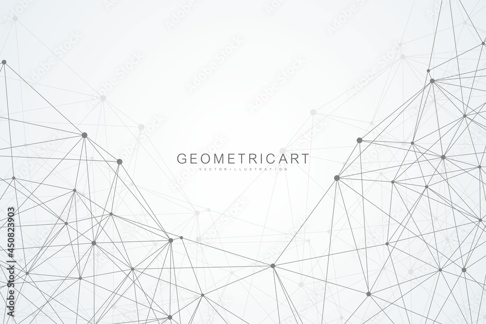 Poster geometric abstract background with connected line and dots. structure molecule and communication. bi