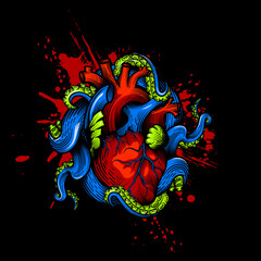 Human heart with tentacles design. Hand drawn vector illustration of octopus tentacles embracing anatomical human heart in engraving technique with red paint splash isolated on black.  