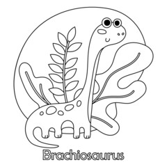 Cute doodle dino, Brachiosaurus 
 with leaves isolated on white background. Vector illustration for postcard, banner, coloring book, design, arts, web, calendar, advirtising.