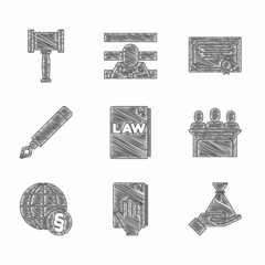 Set Law book, Oath on the Holy Bible, Bribe money bag, Jurors, International law, Fountain pen nib, Certificate template and Judge gavel icon. Vector