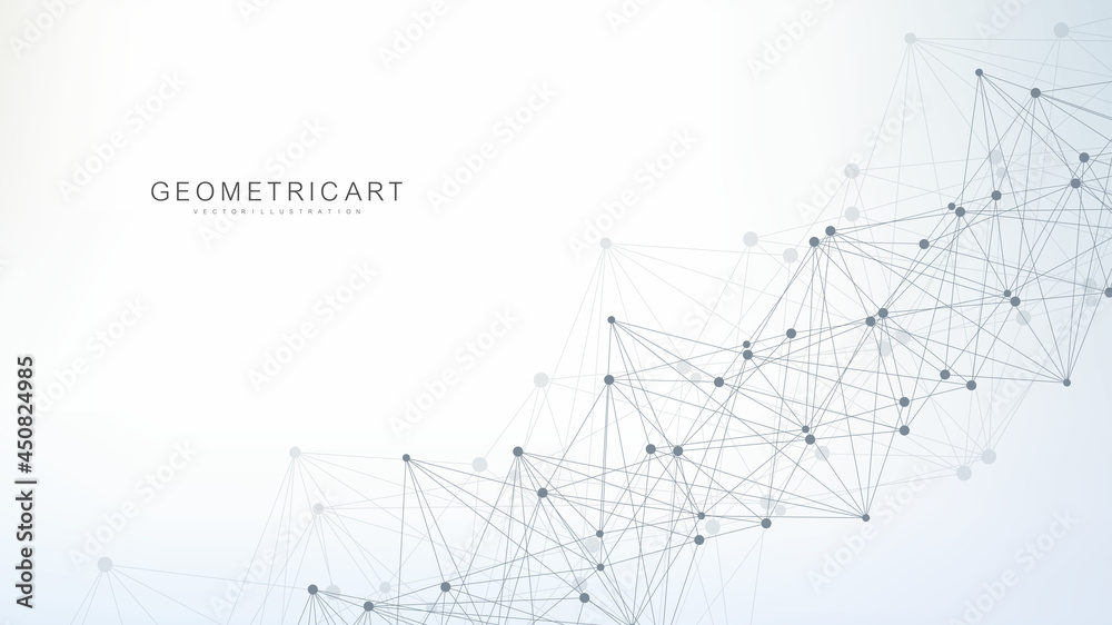 Poster geometric abstract background with connected line and dots. structure molecule and communication. bi