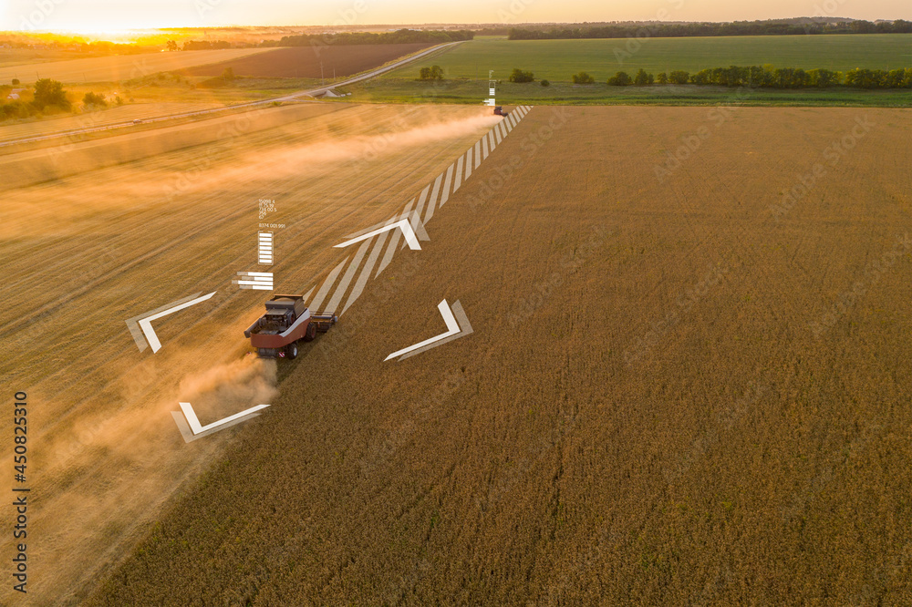 Poster autonomous harvester on the field. digital transformation in agriculture