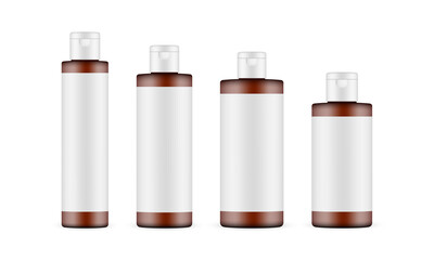 Set of Various Sizes Amber Cosmetic Bottles Mockups with Labels Isolated on White Background. Vector Illustration