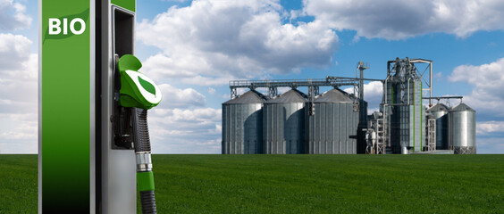 Biofuel filling station on the background of silos. Bio fuel concept