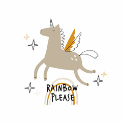 Child illustration with cute unicorn, stars, rainbow and hand drawn text. Vector funny animal for baby graphic suit printing. Kid print with lettering - Rainbow please. Greeting card design. Pegasus.