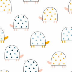 Vector color hand-drawn seamless repeating childish pattern with cute doodle turtles in Scandinavian style on a white background. Kids texture for fabric, wrapping, textile, wallpaper, apparel.