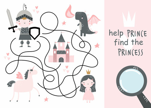 Vector hand drawn cute funny kids maze. Help the prince find the princess. Educational mini-game for children. Help find right path. Labyrinth. Great for a children's book, magazine, board game.