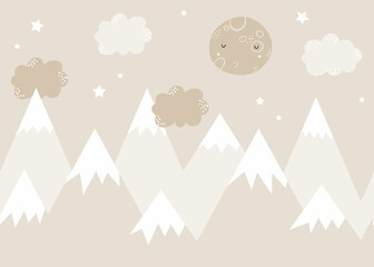 Vector children hand drawn color mountain illustration in scandinavian style. Mountain landscape, clouds and cute moon. Kids wallpaper. Mountainscape, baby room design, wall decor. - obrazy, fototapety, plakaty