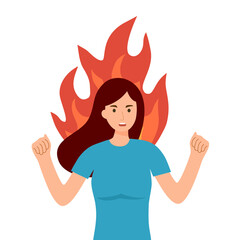 Angry woman character with flame in flat design on white background.