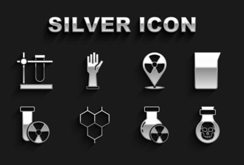 Set Chemical formula, Laboratory glassware beaker, Poison in bottle, Test tube radiation, Radioactive location, flask stand and Medical rubber gloves icon. Vector
