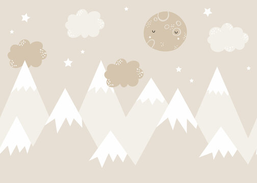 Fototapeta Vector children hand drawn color mountain illustration in scandinavian style. Mountain landscape, clouds and cute moon. Kids wallpaper. Mountainscape, baby room design, wall decor.