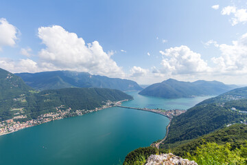 Lago di Lugano with melide and swiss miniature, view from Monte San Salvatore