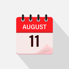 August 11, Calendar icon with shadow. Day, month. Flat vector illustration.