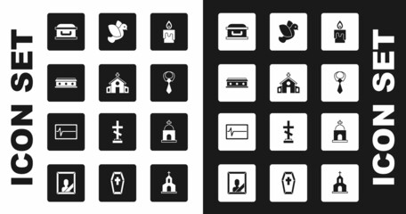 Set Burning candle, Church building, Coffin with cross, Tie, Dove, Old crypt and Beat dead monitor icon. Vector