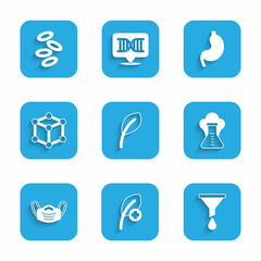 Set Leaf or leaves, Funnel filter, Chemical explosion, Medical protective mask, Molecule, Human stomach and Hemoglobin icon. Vector