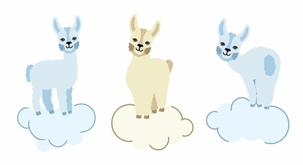 Alpaca llamas set of three on a white background with clouds. For printing on textiles, souvenirs and posters. Vector illustration.