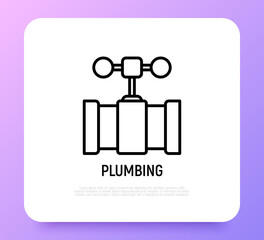 Plumbing: valve on pipe thin line icon. Modern vector illustration.