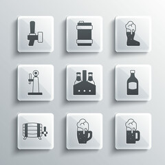 Set Glass of beer, Wooden mug, Beer bottle, Pack bottles, barrel, tap, and Boot glass icon. Vector