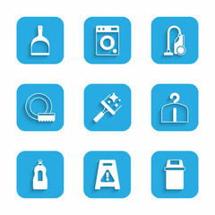 Set Rubber cleaner for windows, Wet floor, Trash can, Hanger wardrobe, Dishwashing liquid bottle, Washing dishes, Vacuum and Dustpan icon. Vector