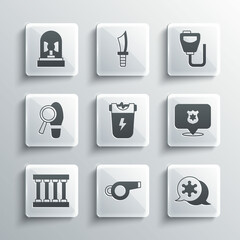 Set Whistle, Hexagram sheriff, Police badge, electric shocker, Prison window, Footsteps, Flasher siren and Walkie talkie icon. Vector
