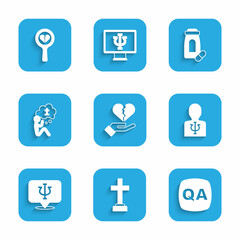 Set Broken heart or divorce, Graves funeral sorrow, Question and Answer, Psychology, Psi, Man graves, Sedative pills and icon. Vector