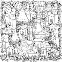 Pattern with houses and Christmas trees and spruce branches. Magic City mandala. Street background. Pattern for coloring book.  Zentangle. Black and white pattern in vector.